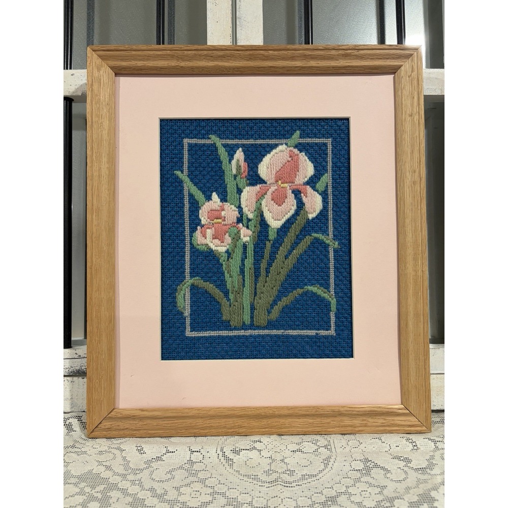 Vintage Framed Crewel Embroidered Needlework Pink Floral Iris Blue Base 15"x13"